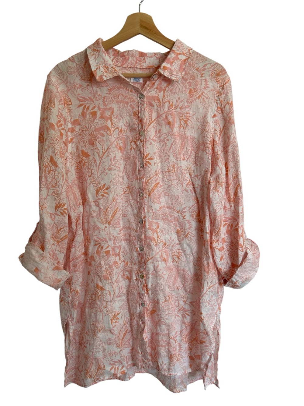 Sigrid Olsen 100% Linen Button Down Tunic Shirt/Cover Up  Sz 1X Coral Pink